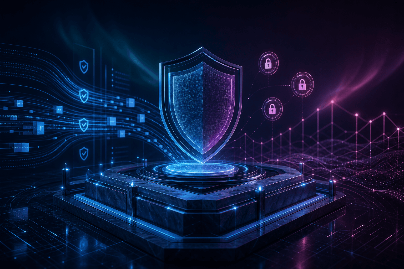 Abstract visualization of AI governance shields and audit guardrails