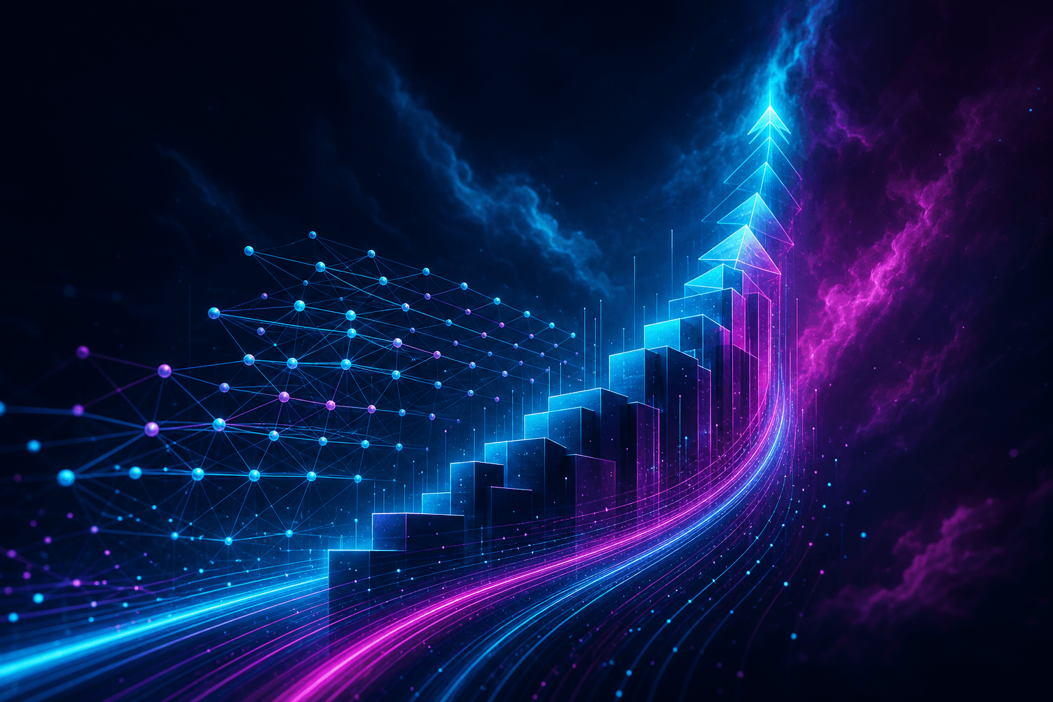 Abstract visualization of AI model deployment and ascending architecture