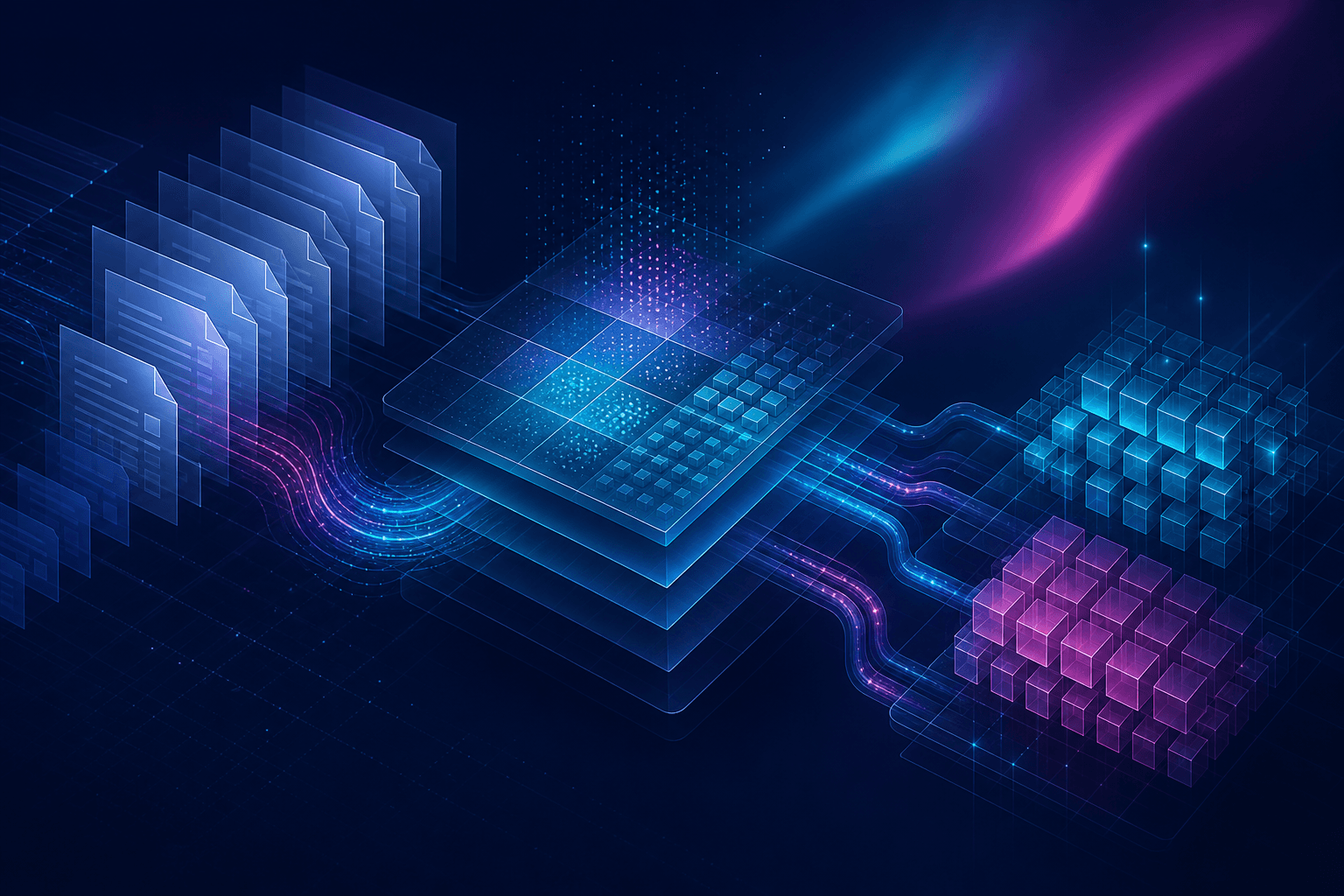 Abstract visualization of organized documents and data pipeline layers