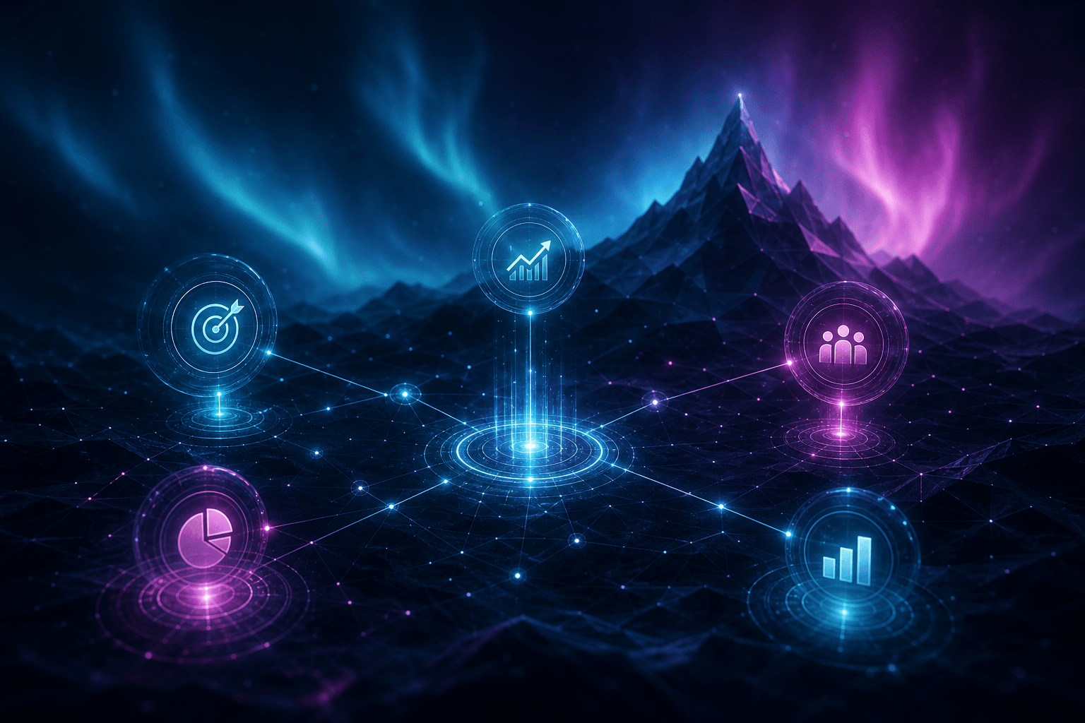 Abstract visualization of AI strategy alignment and connected business nodes